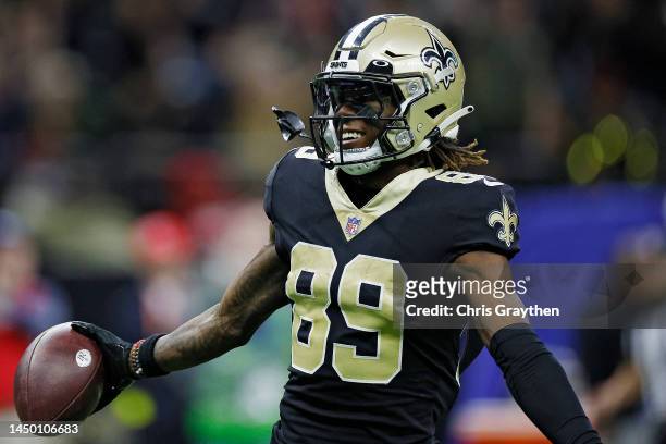 Rashid Shaheed of the New Orleans Saints celebrates a touchdown during the first half in the game against the Atlanta Falcons at Caesars Superdome on...