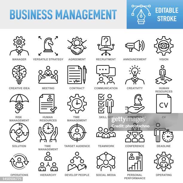 illustrazioni stock, clip art, cartoni animati e icone di tendenza di modern universal business management line icon set - set di icone vettoriali a linea sottile. pixel perfetto. tratto modificabile. per mobile e web. il set contiene icone: business, strategia, gestione, obiettivo, target, leadership, lavoro di squadra, gru - investment brochures