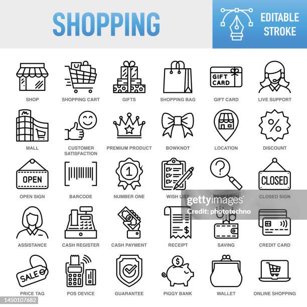shopping - thin line vector icon set. pixel perfect. editable stroke. for mobile and web. the set contains icons: shopping, store, shopping mall, shopping cart, shopping bag, sale, retail, buying, supermarket, market - retail space, open, shopping list - home delivery icon stock illustrations