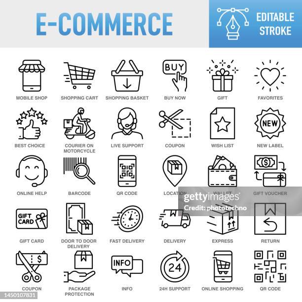 e-commerce - thin line vector icon set. pixel perfect. editable stroke. for mobile and web. the set contains icons: e-commerce, online shopping, shopping, delivering, free shipping, store, internet, wish list, shopping cart, shopping bag, supermarket - wishlist stock illustrations