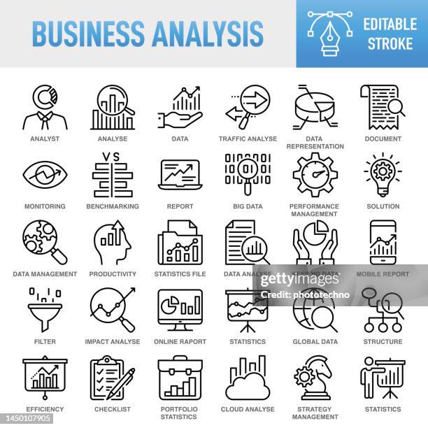 business analysis - dünnzeiliger vektorsymbolsatz. pixel perfekt. bearbeitbarer kontur. für mobile und web. das set enthält icons: analysieren, daten, big data, recherche, prüfung, diagramm, diagramm, expertise, planung, beratung - efficiency stock-grafiken, -clipart, -cartoons und -symbole