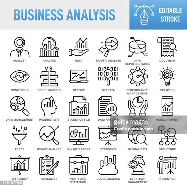 business analysis - thin line vector icon set. pixel perfect. editable stroke. for mobile and web. the set contains icons: analyzing, data, big data, research, examining, chart, diagram, expertise, planning, advice - business stock illustrations