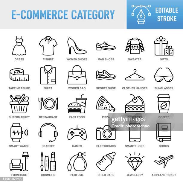 e-commerce category - thin line vector icon set. pixel perfect. editable stroke. for mobile and web. the set contains icons: e-commerce, online shopping, shopping, delivering, store, fashion, clothing, jewelry, food, fast food, supermarket, electronic - ecommerce icons stock illustrations