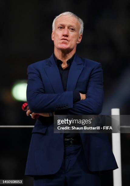 Didier Deschamps, Head Coach of France, reacts during the awards during the FIFA World Cup Qatar 2022 Final match between Argentina and France at...