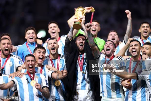 Lionel Messi of Argentina lifts the FIFA World Cup Qatar 2022 Winner's Trophy during the FIFA World Cup Qatar 2022 Final match between Argentina and...