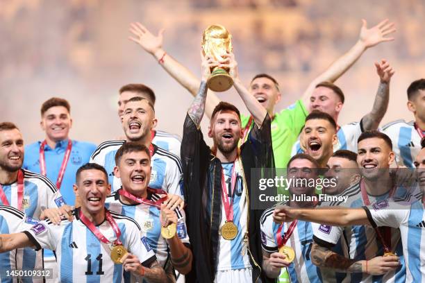 Lionel Messi of Argentina lifts the FIFA World Cup Qatar 2022 Winner's Trophy during the FIFA World Cup Qatar 2022 Final match between Argentina and...