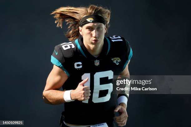 Trevor Lawrence of the Jacksonville Jaguars takes the field prior to a game against the Dallas Cowboys at TIAA Bank Field on December 18, 2022 in...