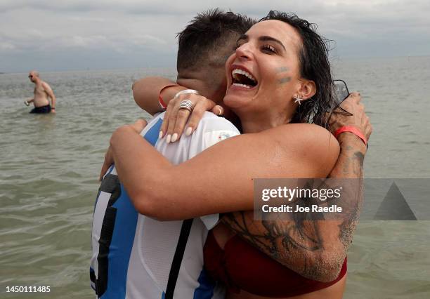Argentina soccer fan Lucia Vaira reacts as her team beats France in the World Cup Final as fans watch the game during the Haig Club’s Stadium in the...