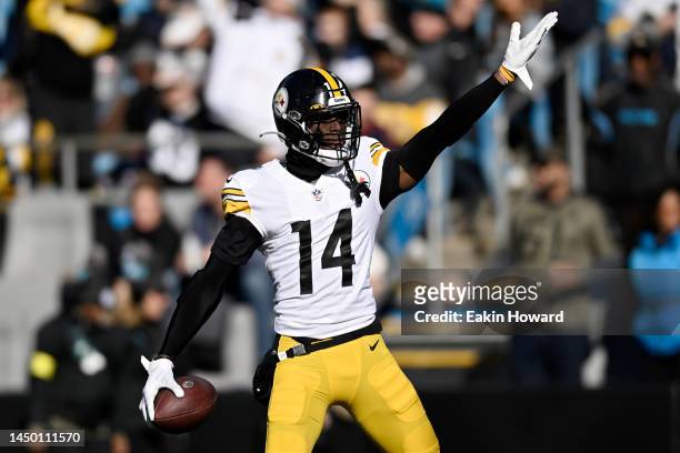 George Pickens of the Pittsburgh Steelers celebrates after making a catch against the Carolina Panthers during the second quarter of the game at Bank...