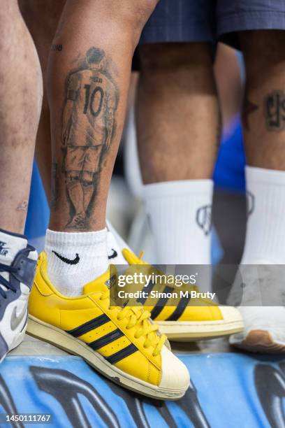 Close up of a Lionel Messi tattoo on the leg of an Argentina fan during the FIFA World Cup Qatar 2022 Final match between Argentina and France at...