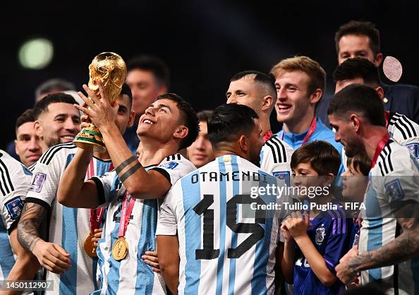 Paulo Dybala of Argentina lifts the The FIFA World Cup Trophy... News ...
