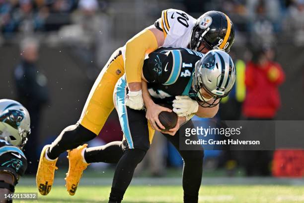 Watt of the Pittsburgh Steelers sacks Sam Darnold of the Carolina Panthers during the second quarter of the game at Bank of America Stadium on...