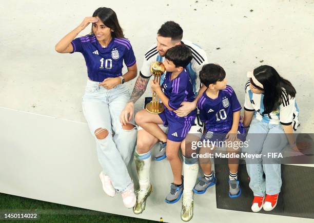 Lionel Messi of Argentina celebrates with his wife Antonela Roccuzzo and their children and family members following the FIFA World Cup Qatar 2022...