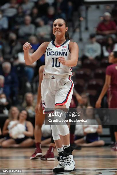 Nika Mühl of the UConn Huskies reacts against the Florida State Seminoles during the first half of an Invesco QQQ Basketball Hall of Fame Women’s...