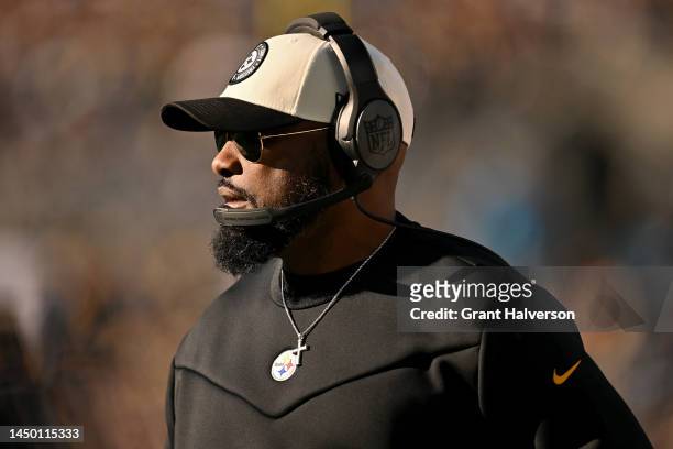 Head coach Mike Tomlin of the Pittsburgh Steelers looks on against the Carolina Panthers during the first half of the game at Bank of America Stadium...