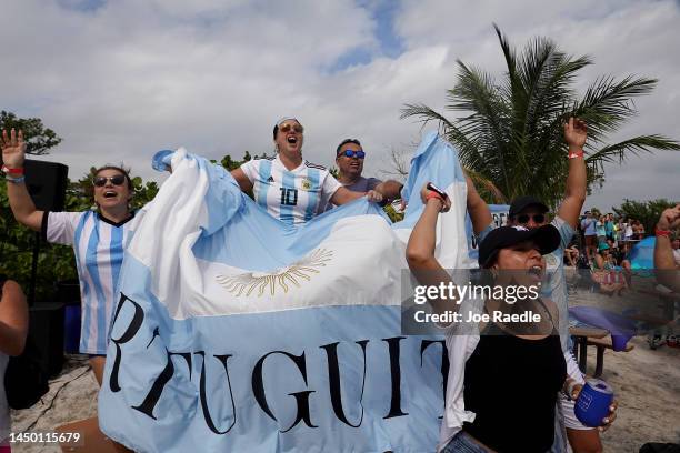 Argentina soccer fans react as their team beats France as they watch the game during the Haig Club’s Stadium in the Sand Ballyhoo Media World Cup...