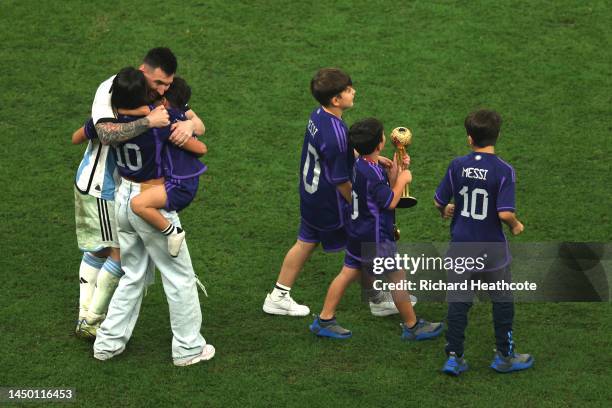 Lionel Messi of Argentina celebrates with his wife Antonela Roccuzzo and their children and family members following the FIFA World Cup Qatar 2022...