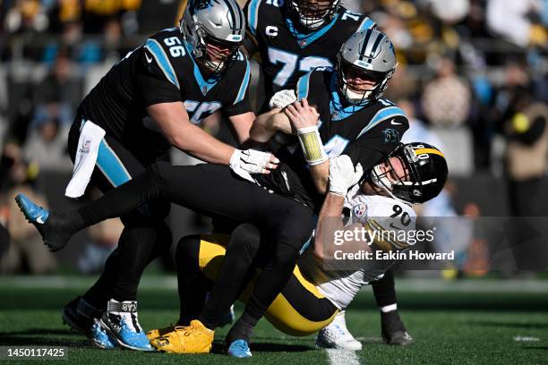 Watt of the Pittsburgh Steelers sacks Sam Darnold of the Carolina Panthers during the second quarter of the game at Bank of America Stadium on...