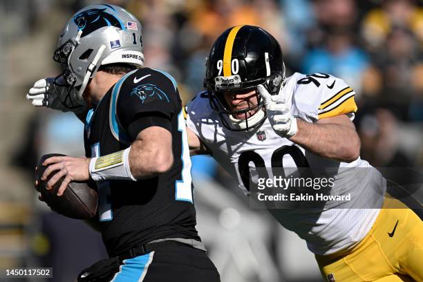 Watt of the Pittsburgh Steelers sacks Sam Darnold of the Carolina Panthers during the second quarter of the game at Bank of America Stadium on...