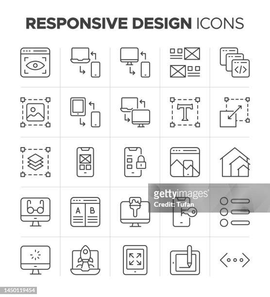 responsive design icon set - perfekt dimensionierte icons für alle bildschirmauflösungen - responsives webdesign stock-grafiken, -clipart, -cartoons und -symbole