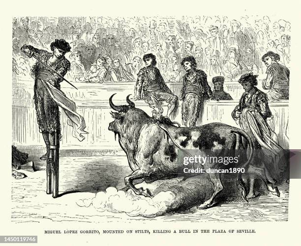 ilustraciones, imágenes clip art, dibujos animados e iconos de stock de historia corrida de toros, torero miguel lópez gorrito, con zancos mientras mata a un toro en la plaza de sevilla, españa, siglo 19 - bullfighter