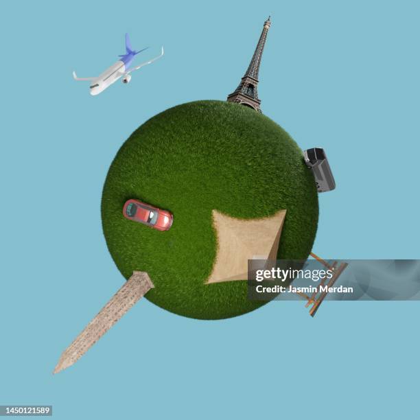 travel little planet transport concept render - 360 globe stockfoto's en -beelden