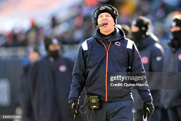 Head coach Matt Eberflus of the Chicago Bears looks on during the first half in the game against the Philadelphia Eagles at Soldier Field on December...