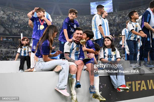 Lionel Messi of Argentina celebrates with his wife Antonela Roccuzzo and their children and family members following the FIFA World Cup Qatar 2022...