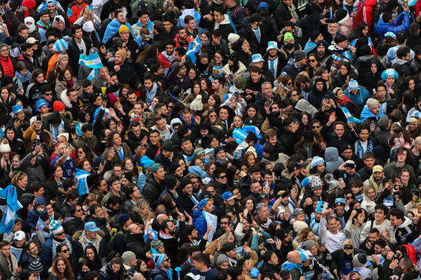 Argentina fans celebrate in Times Square after Argentina beat France to win the 2022 FIFA World Cup Final in Qatar on December 18, 2022 in New York...