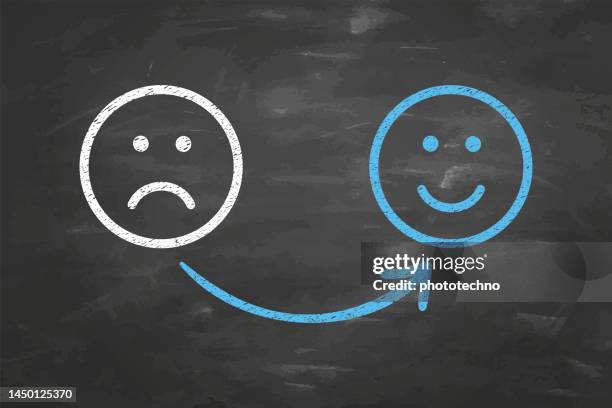 ilustrações, clipart, desenhos animados e ícones de conceitos de solução infelizes e felizes no blackboard background - sad face drawing