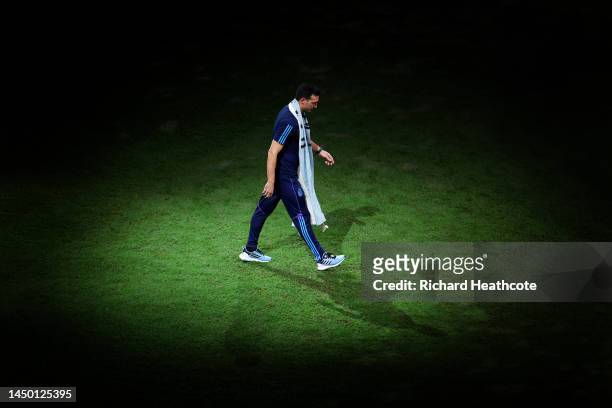 Lionel Scaloni, Head Coach of Argentina, reacts during the awards ceremony after the FIFA World Cup Qatar 2022 Final match between Argentina and...