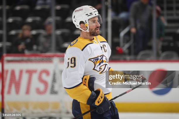 Roman Josi of the Nashville Predators skates prior to the game against the Colorado Avalanche at Ball Arena on December 17, 2022 in Denver, Colorado.