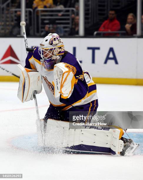 Pheonix Copley of the Los Angeles Kings makes a save during a 3-2 Kings overtime shootout win over the San Jose Sharks at Crypto.com Arena on...