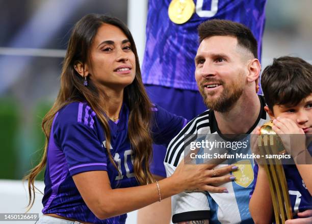 Lionel Messi of Argentina with his Antonella Roccuzzo wife and children after the FIFA World Cup Qatar 2022 Final match between Argentina and France...