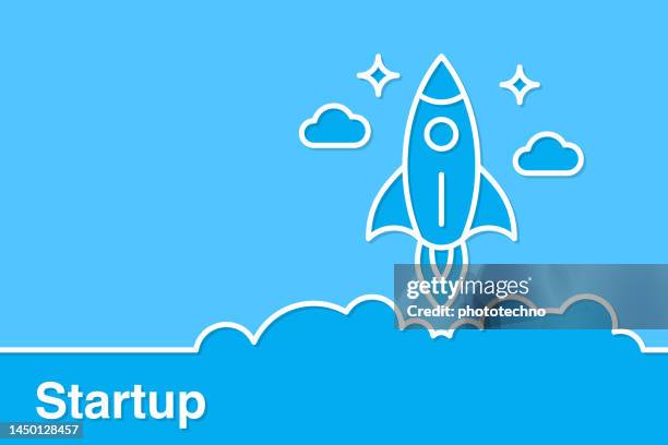 startup concepts with line rocket on blue background - start button stock illustrations