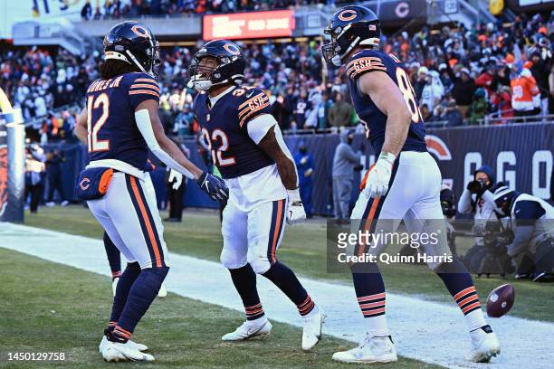 David Montgomery of the Chicago Bears celebrates a touchdown during the third quarter in the game against the Philadelphia Eagles at Soldier Field on...