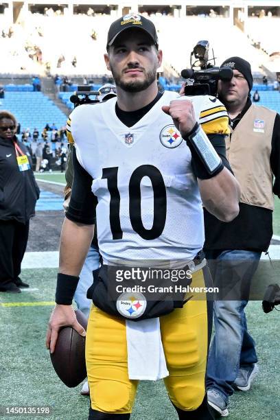 Mitch Trubisky of the Pittsburgh Steelers exits the field after defeating the Carolina Panthers at Bank of America Stadium on December 18, 2022 in...