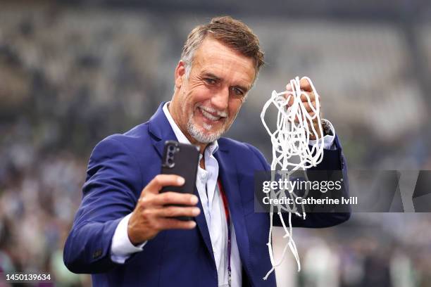Gabriel Batistuta, former Argentine player takes a selfie with cut net after the FIFA World Cup Qatar 2022 Final match between Argentina and France...