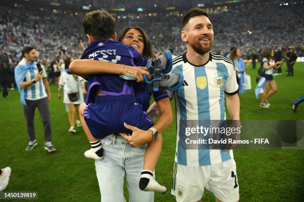 Lionel Messi of Argentina celebrates with his wife Antonela Roccuzzo and their children and family members following the FIFA World Cup Qatar 2022...
