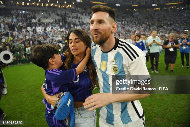Lionel Messi of Argentina celebrates with his wife Antonela Roccuzzo and their children and family members following the FIFA World Cup Qatar 2022...