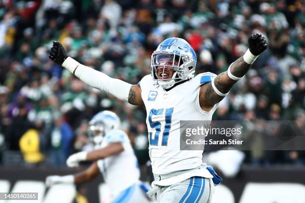 Josh Woods of the Detroit Lions celebrates during the second half against the New York Jets at MetLife Stadium on December 18, 2022 in East...