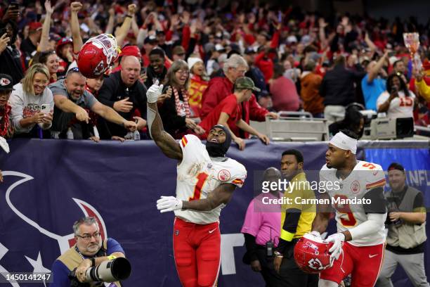 Jerick McKinnon of the Kansas City Chiefs celebrates during overtime against the Houston Texans at NRG Stadium on December 18, 2022 in Houston, Texas.