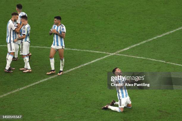 Nicolas Otamendi of Argentina celebrates following their sides penalty shootout win following the FIFA World Cup Qatar 2022 Final match between...