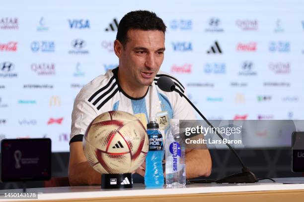Lionel Scaloni, Head Coach of Argentina, speaks to the media in the post match press conference after winning the FIFA World Cup during the FIFA...