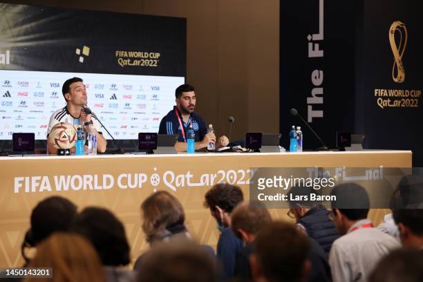 Lionel Scaloni, Head Coach of Argentina, speaks to the media in the post match press conference after winning the FIFA World Cup during the FIFA...