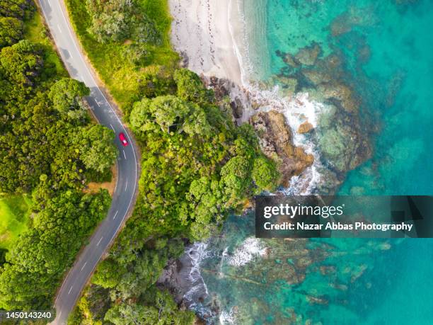 seaside road approaching a beach seen from above. - beach green stock-fotos und bilder