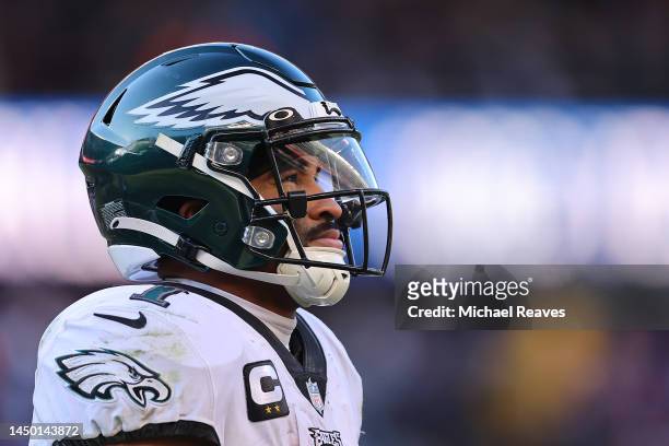 Jalen Hurts of the Philadelphia Eagles looks on during the fourth quarter in the game against the Chicago Bears at Soldier Field on December 18, 2022...