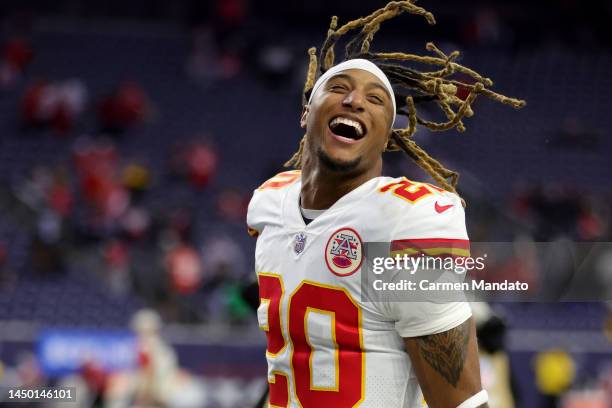 Justin Reid of the Kansas City Chiefs celebrates after a game against the Houston Texans at NRG Stadium on December 18, 2022 in Houston, Texas.