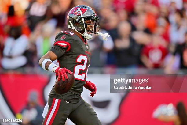 Carlton Davis III of the Tampa Bay Buccaneers celebrates after an interception during the first quarter in the game against the Cincinnati Bengals at...