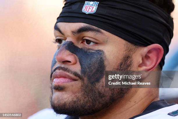 Andre Dillard of the Philadelphia Eagles looks on during the second half in the game against the Chicago Bears at Soldier Field on December 18, 2022...